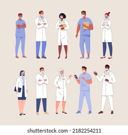 Set of doctors in white lab coat, surgical scrub, medical mask. Ambulance team physicians, nurse, therapist, surgeon, hospital professional workers. Vector characters on background. Illustration flat.