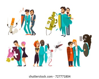 Set of doctors who fight illnesses, diseases, hold a shield to protect patients, flat cartoon vector illustration isolated on white background. Doctor fight, physical and psychiatric protection