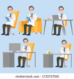 Conjunto de doctores trabajando con una laptop feliz y sonriente en el hospital, sentados en la mesa, diseño de personajes en diversas acciones con emociones Caricatura concepto de cuidado de salud plana.