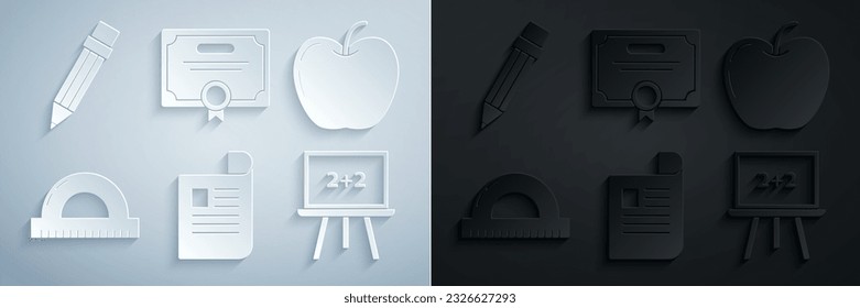 Set Document, Apple, Protractor grid for measuring degrees, Chalkboard, Certificate template and Pencil with eraser icon. Vector