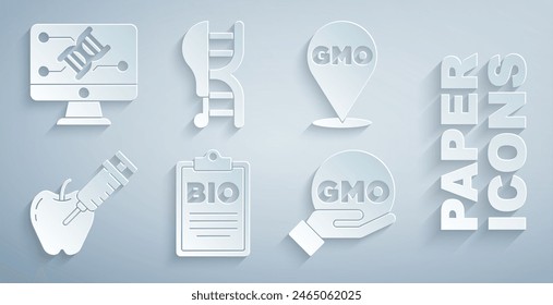 Set Document for bio healthy food, GMO, Genetically modified apple, chicken and engineering modification icon. Vector