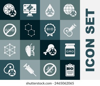 Set Document para alimentos bio saludables, OMG, carne modificada genéticamente, fórmula química, No, naranja e icono de etiqueta. Vector
