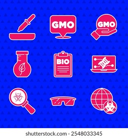 Documento para alimentos bio saludables, gafas de laboratorio, OGM, modificación de ingeniería genética, riesgo biológico y aumento, frasco de tubo de ensayo e icono de pipeta. Vector