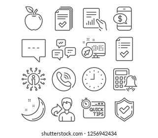Set of Document, Blog and Approved checklist icons. Quick tips, Clock and Phone payment signs. Handout, Chat messages and Calculator alarm symbols. File with diagram, Chat message, Accepted message