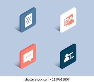 Set of Document, Blog and Presentation icons. Online education sign. Information file, Chat message, Education board. Internet lectures.  3d isometric buttons. Flat design concept. Vector