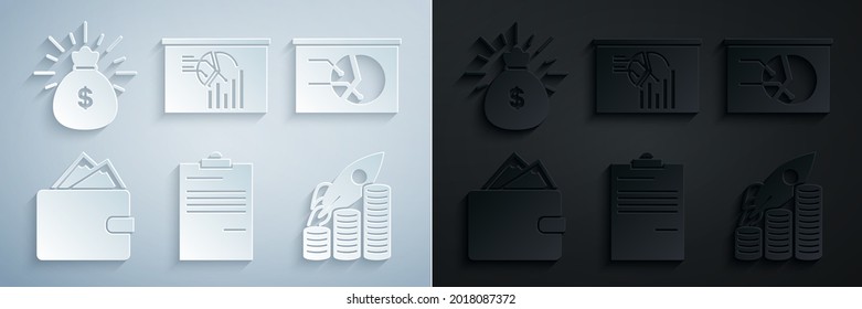 Set Document, Board With Graph Chart, Wallet Stacks Paper Money Cash, Rocket Flying Up Coins Growth,  And Money Bag Icon. Vector