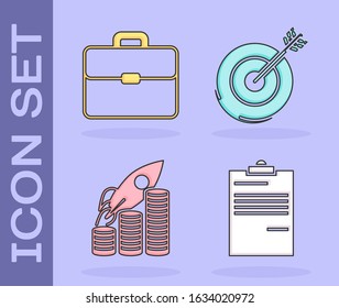 Set Document, Briefcase, Rocket flying up on coins growth chart and Target icon. Vector
