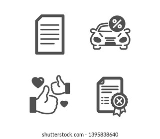 Set of Document, Car leasing and Like icons. Reject certificate sign. Information file, Transport discount, Thumbs up. Decline file.  Classic design document icon. Flat design. Vector