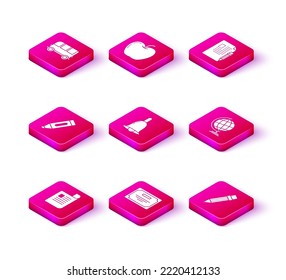 Set Document, Certificate template, Marker pen, Ringing bell, Pencil with eraser, Earth globe, Exam sheet and pencil and Apple icon. Vector