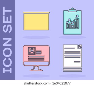 Set Document, Chalkboard, Computer monitor with resume and Clipboard with graph chart icon. Vector