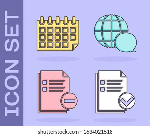 Set Document and check mark, Calendar, Document with minus and World map made from speech bubble icon. Vector