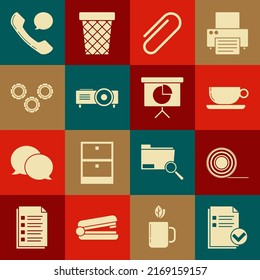 Set Document and check mark, movie, film, media projector, Gear, Telephone handset speech bubble chat and financial board with graph, schedule, chart, diagram, infographic, pie graph icon. Vector