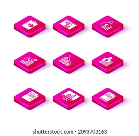 Set Document, Computer monitor with graph chart, Target coin symbol, Pie infographic and, Money bag, diagram and Board icon. Vector