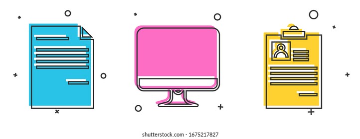 Set Document, Computer monitor screen and Clipboard with resume icon. Vector