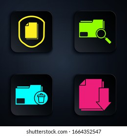 Set Document with download, Document protection concept, Delete folder and Search concept with folder. Black square button. Vector