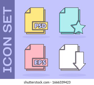 Set Document with download, PSD file document, EPS file document and Document with star icon. Vector