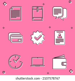 Set Document, Envelope, Chat, Credit card, Approved and check mark and Identification badge icon. Vector