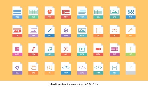 set of document file format icon in flat style isolated flat vector illustration