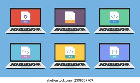 set of document file format icon on laptop screen for programmer or developer, flat vector illustration