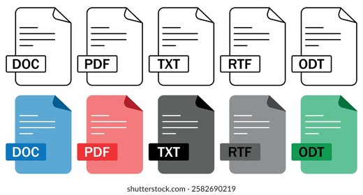 Set of document file format icons (DOC, PDF, TXT, RTF, ODT) in outline and color styles. Perfect for UI and UX, apps, websites, and digital projects.