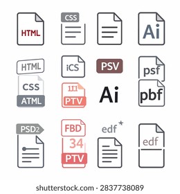 Set of document and file format icons for design and web development