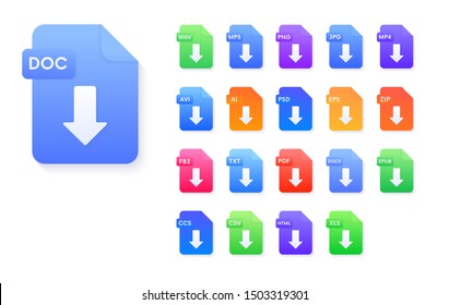 Set of document file formats download icons. Pdf,avi,wav,mp3,png,jpg,ai,psd,eps,zip,epub,doc,fb2,ccs,csv,html,xls vector signs.