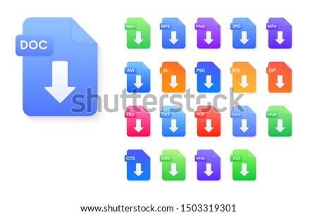Set of document file formats download icons. Pdf,avi,wav,mp3,png,jpg,ai,psd,eps,zip,epub,doc,fb2,ccs,csv,html,xls vector signs.