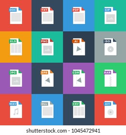 Set of Document File Formats and Labels Icons. Vector illustration Flat Icons On Colorful Backgrounds