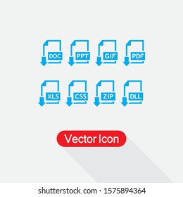 Set of Document File Formats and Labels Icon,Download DOC,PTT,GIF,PDF,XLS,CSS,ZIP,DLL File Icons Vector Illustration Eps10