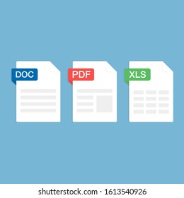 Set of Document File Formats and Labels icons. DOC, PDF, XLS. Vector illustration.