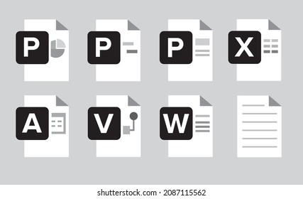 Set of Document File Formats and Labels icons. Vector illustration. Blzck White icon. Microsoft.