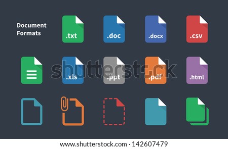 Set of Document File Formats and Labels icons. Vector illustration.