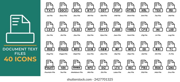 conjunto de iconos de texto de archivo de documento. txt, ppt, pdf, doc, csv. extensión archivo símbolo iconos. Colección vectorial.