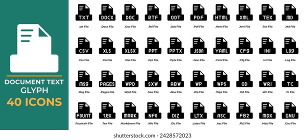 Conjunto de iconos de texto de archivo de documento Estilo de pictograma. pdf, csv, ppt, doc. extensión de archivo símbolo iconos. Colección vectorial.