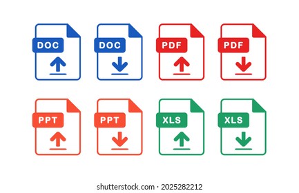 Set of document file type. Format and extension of documents. PDF, DOC, PPT and XLS. Upload and download file. Illustration vector