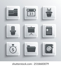 Set Document folder, Address book, Spiral notebook, Chalkboard with diagram, Time is money, Cactus and succulent in pot,  and Plant icon. Vector