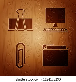 Set Document folder, Binder clip, Paper clip and Computer monitor with keyboard on wooden background. Vector