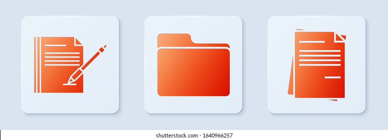Set Document folder, Blank notebook and pen and File document. White square button. Vector