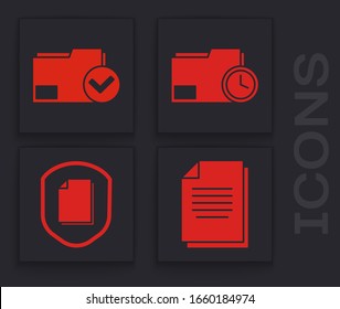 Set Document, Document folder and check mark, Document folder with clock and Document protection concept icon. Vector