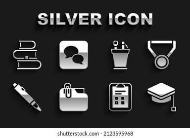 Set Document folder with clip, Medal, Graduation cap, Exam sheet check mark, Marker pen, Pencil case stationery, Book and Speech bubble chat icon. Vector