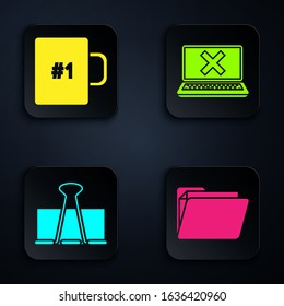 Set Document folder, Coffee cup, Binder clip and Laptop and cross mark on screen. Black square button. Vector