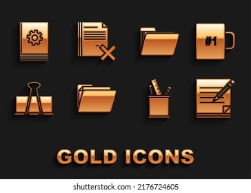 Set Document folder, Coffee cup, Blank notebook and pencil with eraser, Pencil case stationery, Binder clip, User manual and Delete file document icon. Vector
