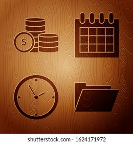 Set Document folder, Coin money with dollar symbol, Clock and Calendar on wooden background. Vector