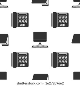 Set Document folder, Computer monitor with keyboard and Telephone on seamless pattern. Vector