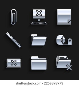 Set Document folder, Delete, Scotch, Laptop and cross mark on screen, Ruler, File document and Paper clip icon. Vector