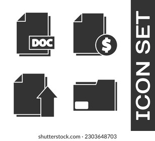 Set Document folder, DOC file document, Upload file document and Finance document icon. Vector