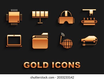 Set Document folder, Factory conveyor system belt, Electric car, Social network, Laptop, Virtual reality glasses, Processor with microcircuits CPU and Solar energy panel icon. Vector