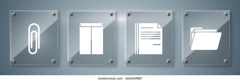 Set Document folder, File document, Envelope and Paper clip. Square glass panels. Vector