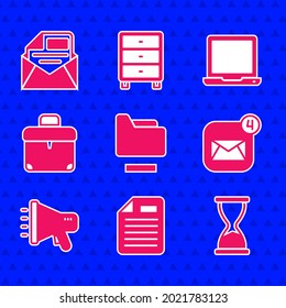 Set Document folder, File document, Old hourglass, Envelope, Megaphone, Briefcase, Laptop and Mail and e-mail icon. Vector