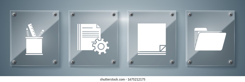 Set Document folder, File document, Document settings with gears and Pencil case stationery. Square glass panels. Vector